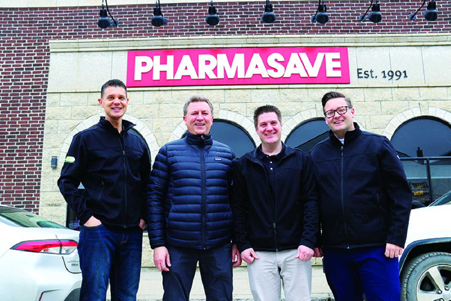 New owners for Moosomin Pharmasave Legacy Pharmacies has purchased Moosomin Pharmasave. From left are Chris Fedorowich with Legacy Pharmacies, Darcy Rambold, the former owner and current manager of Moosomin Pharmasave, and Warren Delmage and Brad Cooper with Legacy Pharmacies. Moosomin Pharmasave has been owned by Darcy Rambold since 2001. Rambold will continue to operate the store as the manager for the next two years. Legacy also owns pharmacies in Redvers, Kipling, Rocanville, Estevan, Souris, Balcarres, and Candle Lake.